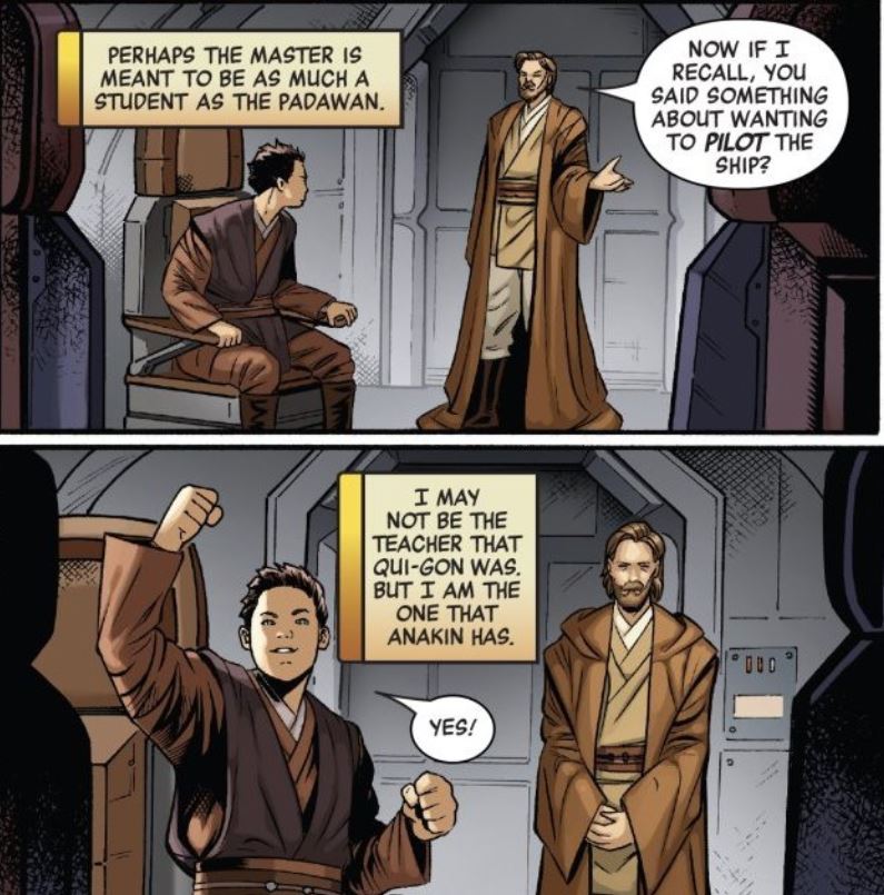 Obi-Wan lets Anakin fly the ship after a mission.